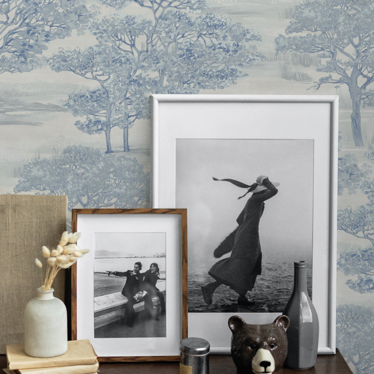 Ice Blue Vinyl Forest Toile Peel and Stick Wallpaper Roll