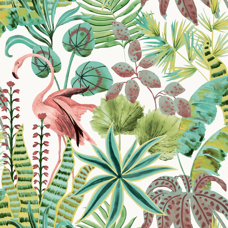 Cactus Rose Tropical Pink and Green Peel and Stick Wallpaper Roll