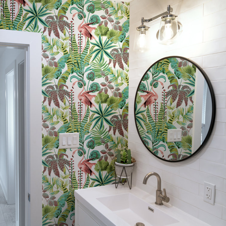 Cactus Rose Tropical Pink and Green Peel and Stick Wallpaper Roll