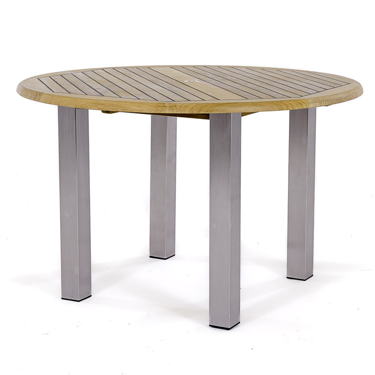 Round Teak and Stainless Steel Outdoor Dining Table
