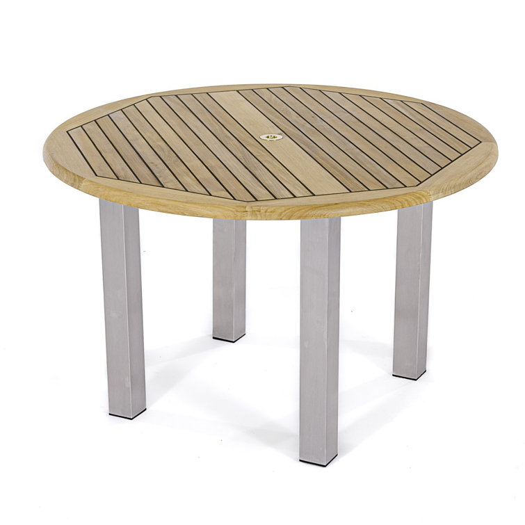 Round Teak and Stainless Steel Outdoor Dining Table