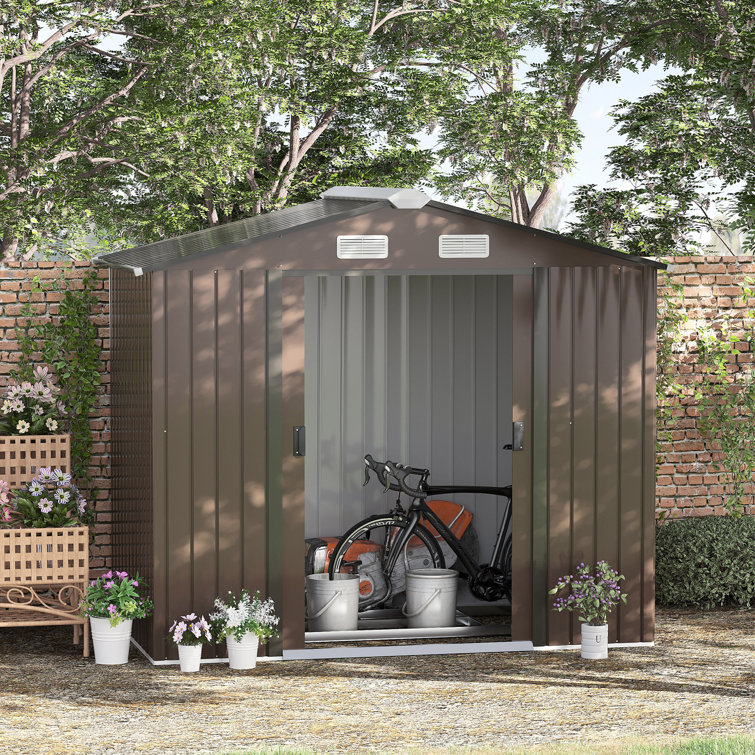 Outsunny 11' x 9' Brown Metal Storage Shed Kit with Windows