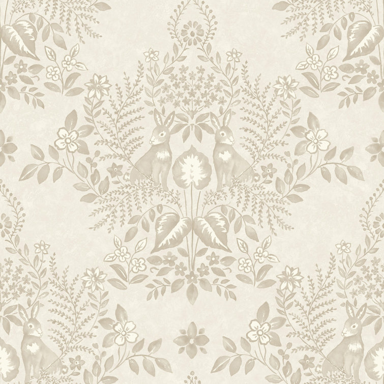 Wicker Beige Damask Peel & Stick Wallpaper with Rabbit Design