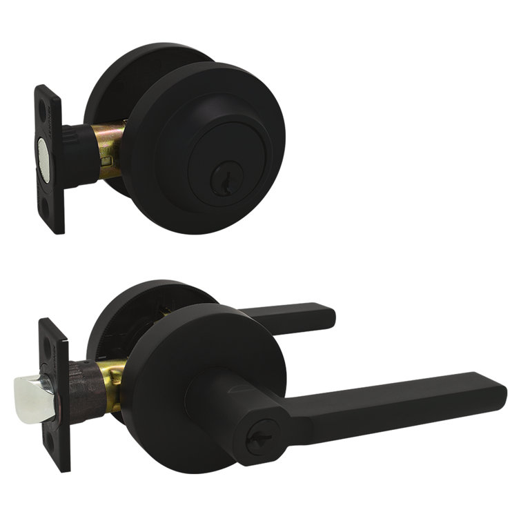Matte Black Modern Entry Door Lever and Deadbolt Set