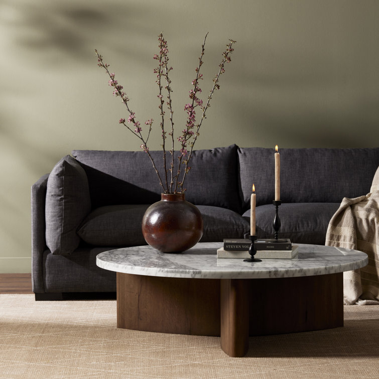 Round White Marble and Oak Coffee Table with Storage