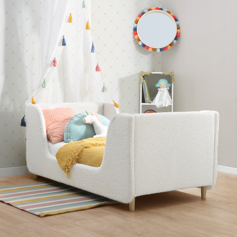 Cream Boucle Upholstered Toddler Bed with Sculpted Panels