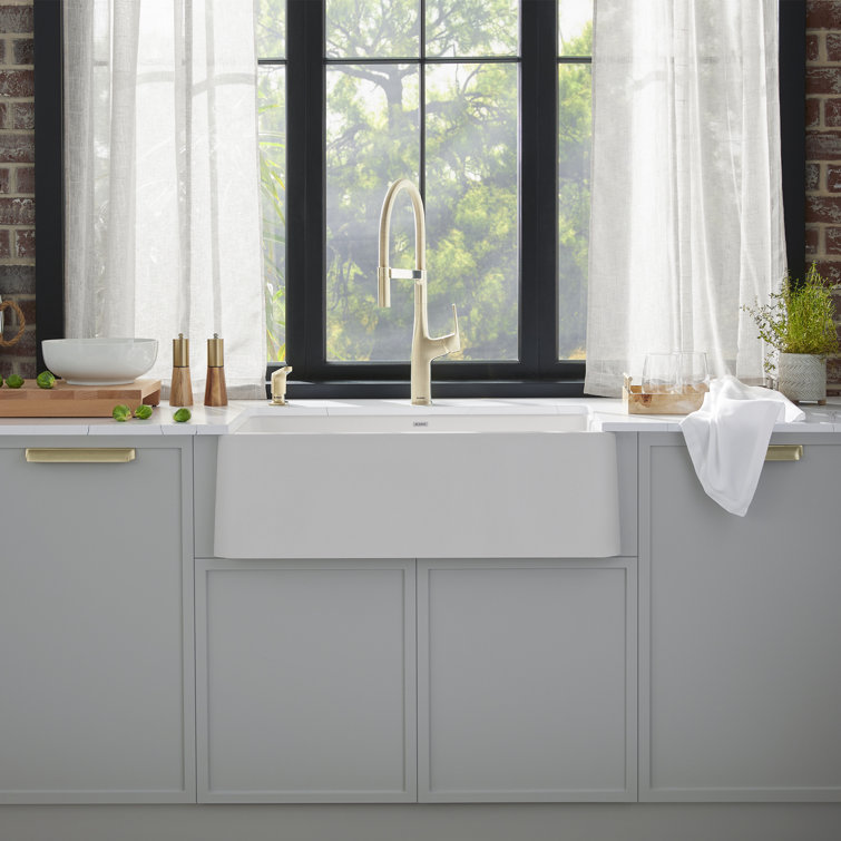 White Stone Drop-in Farmhouse Kitchen Sink, 33" x 22"