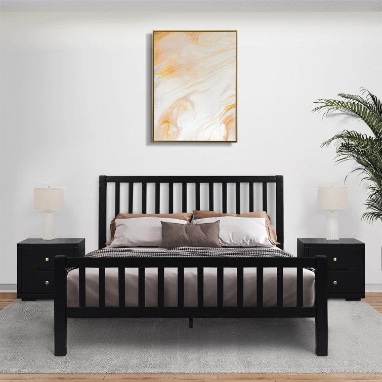 Hampton Black Pine Wood King Platform Bed with Slatted Headboard