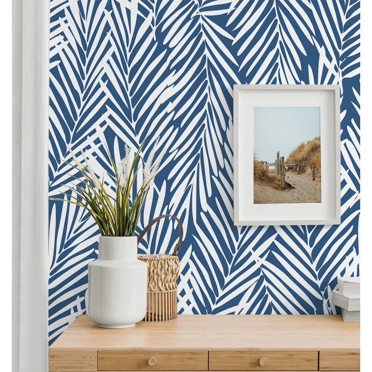 Coastal Blue Palm Leaf Peel and Stick Vinyl Wallpaper Roll