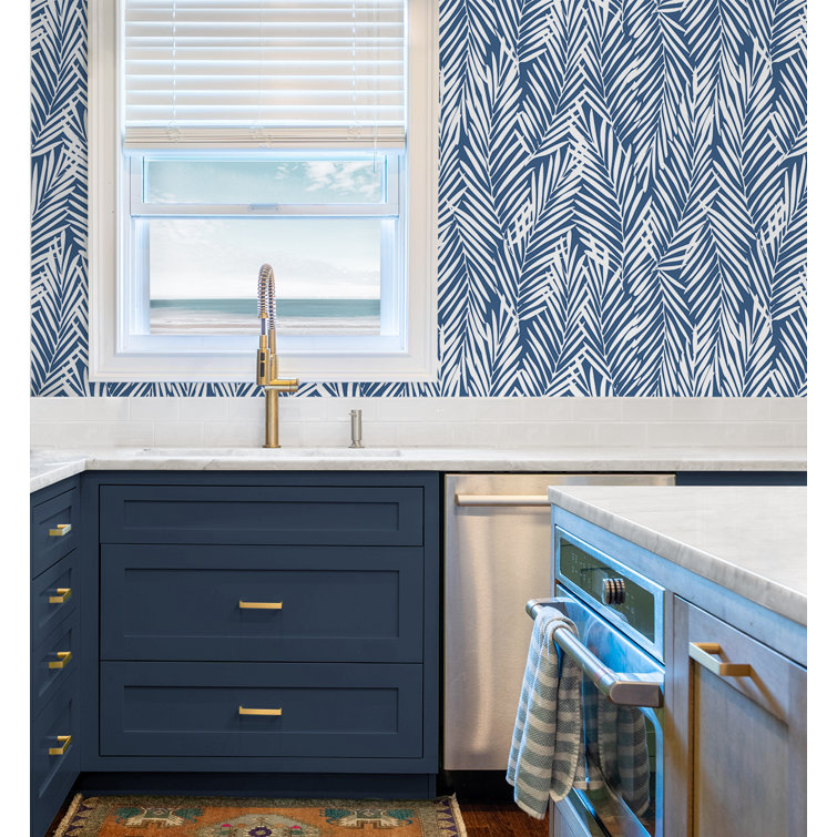 Coastal Blue Palm Leaf Peel and Stick Vinyl Wallpaper Roll