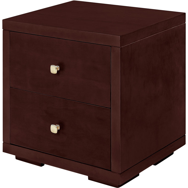 Espresso 2 Drawer Wooden Nightstand with Gold Knobs