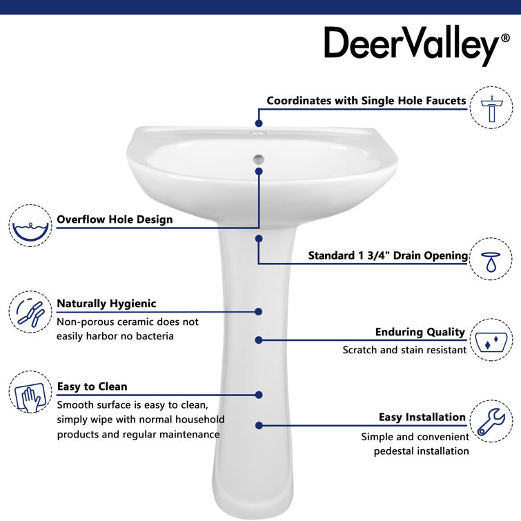 White Ceramic U-Shaped Pedestal Bathroom Sink with Overflow