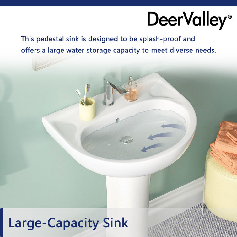 White Ceramic U-Shaped Pedestal Bathroom Sink with Overflow