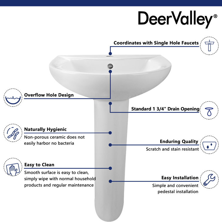 White Ceramic U-Shaped Pedestal Bathroom Sink with Overflow