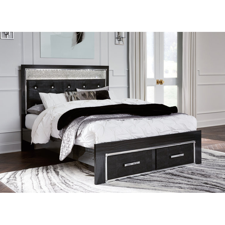 Black Queen Upholstered Storage Bed with Tufted Headboard