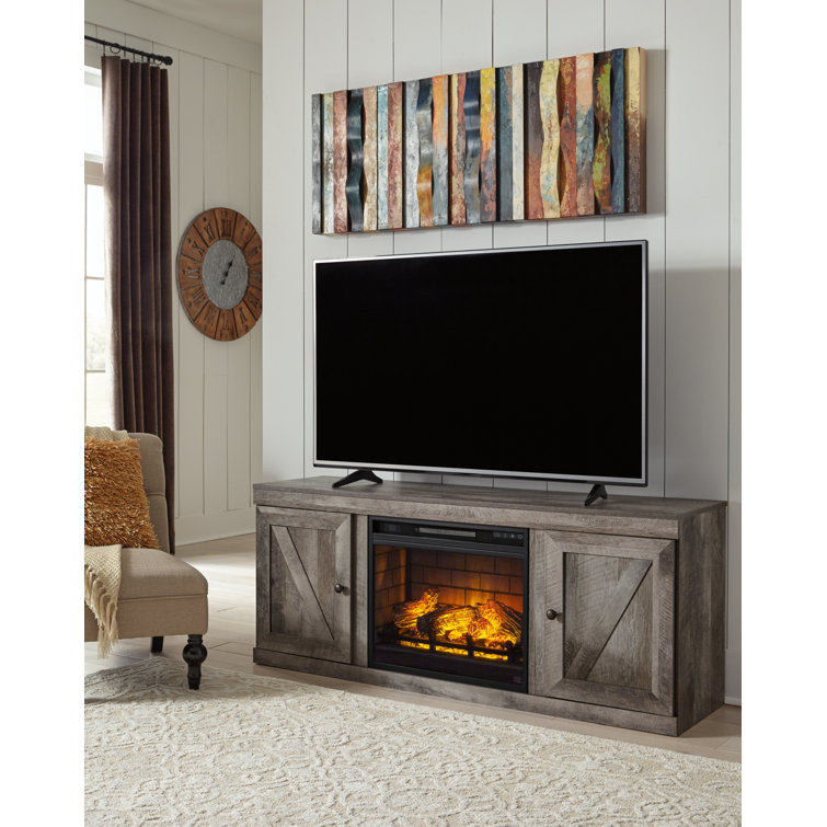 Gray Oak 63" TV Stand with Electric Fireplace and Cabinets