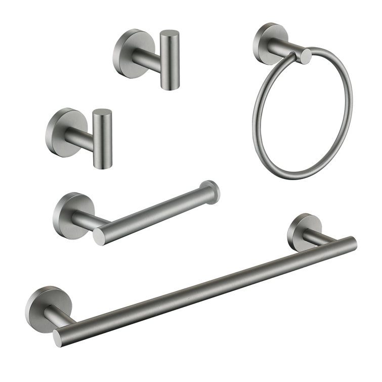 Brushed Nickel 5-Piece Bathroom Hardware Set with Towel Bar and Hooks