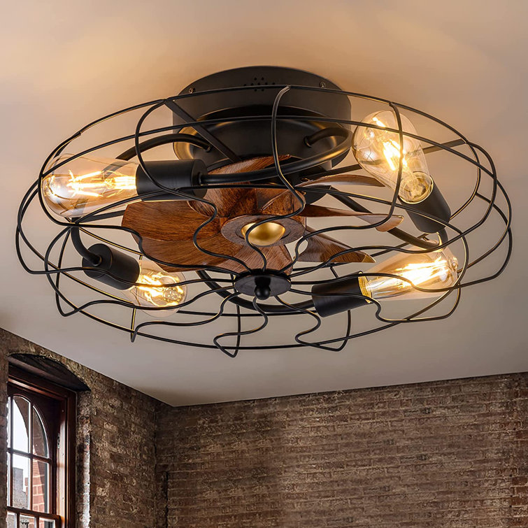 Belcastel 21'' Black Farmhouse Caged Ceiling Fan with Light and Remote