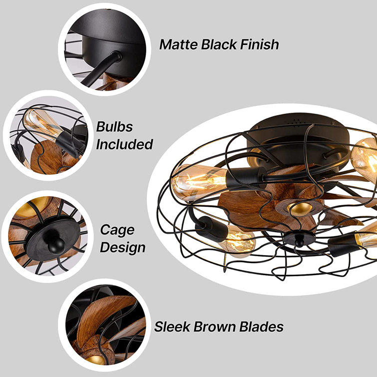 Belcastel 21'' Black Farmhouse Caged Ceiling Fan with Light and Remote