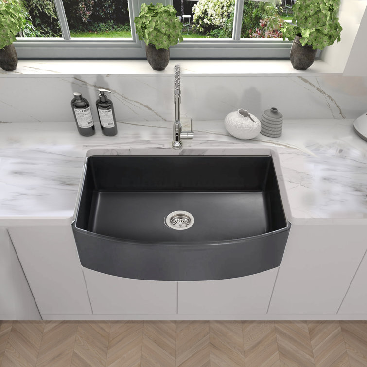 Matte Black Fireclay Farmhouse Kitchen Sink with Curved Apron