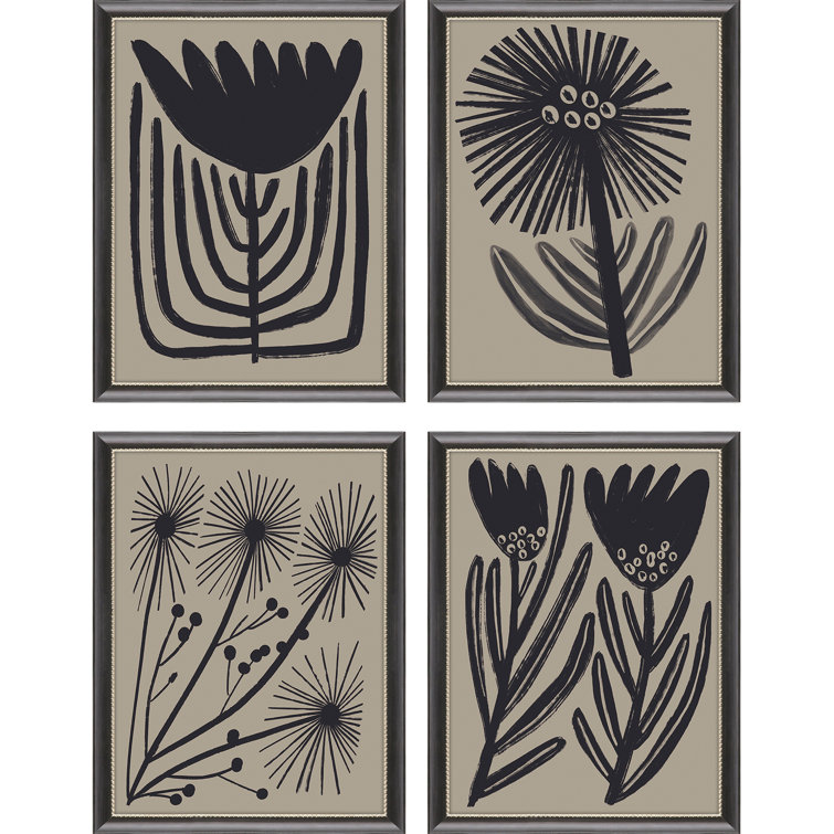 Medium Wood Framed Abstract Floral Art Set in Black and Beige