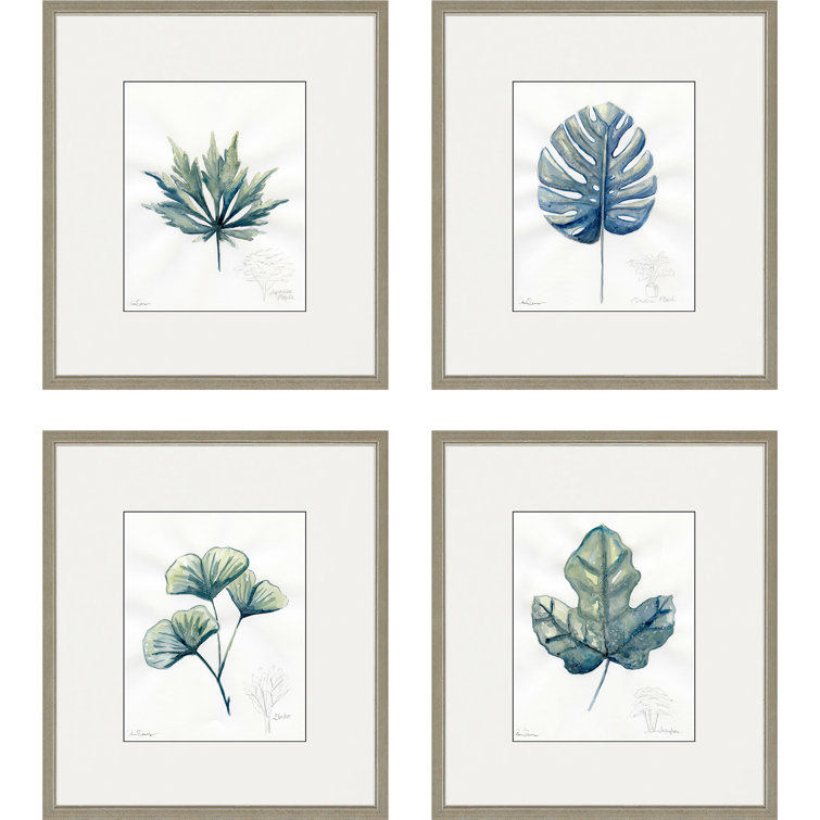 Set of 4 Blue and Green Leaf Prints with Champagne Gold Frames
