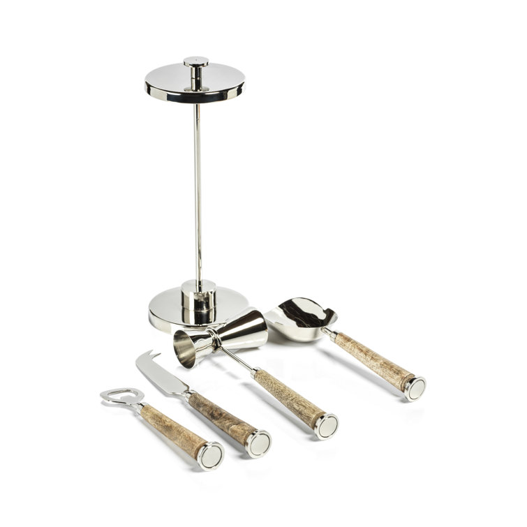 Stainless Steel and Wood Bar Tool Set with Jigger