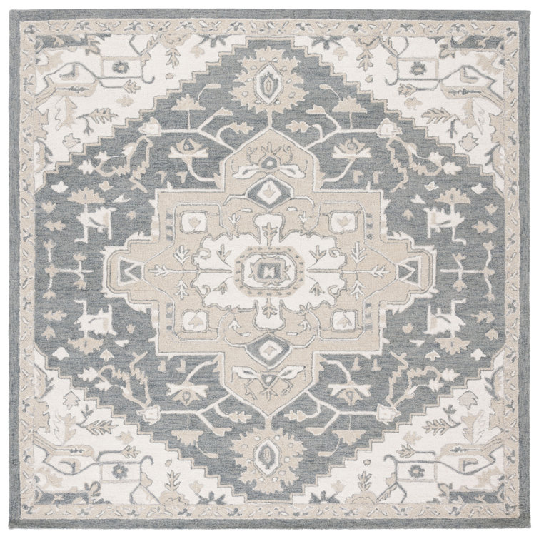 Handmade Grey and Ivory Wool Square Oriental Rug