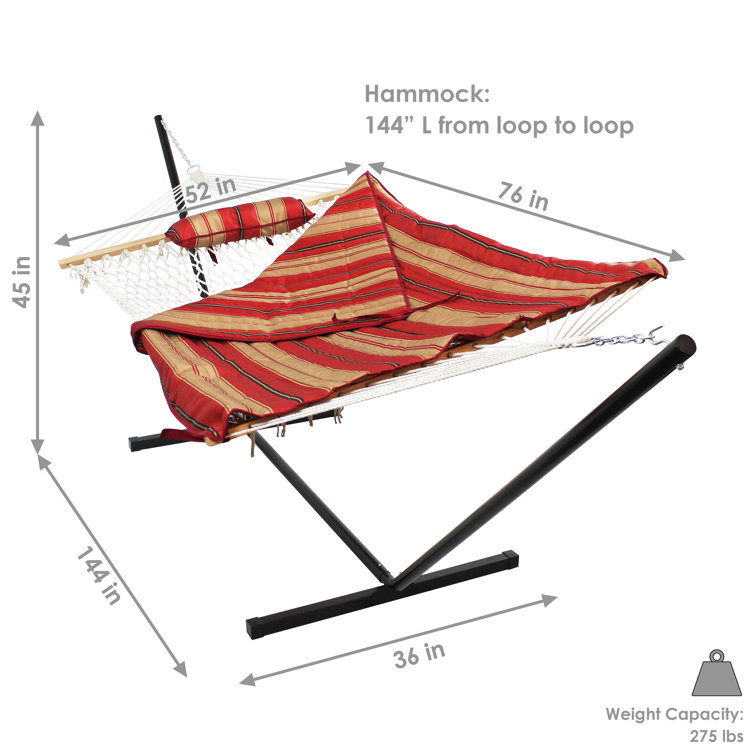 12 ft Red and Brown Striped Rope Hammock with Steel Stand