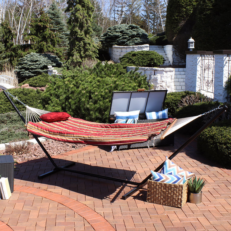 12 ft Red and Brown Striped Rope Hammock with Steel Stand