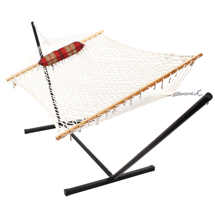 12 ft Red and Brown Striped Rope Hammock with Steel Stand