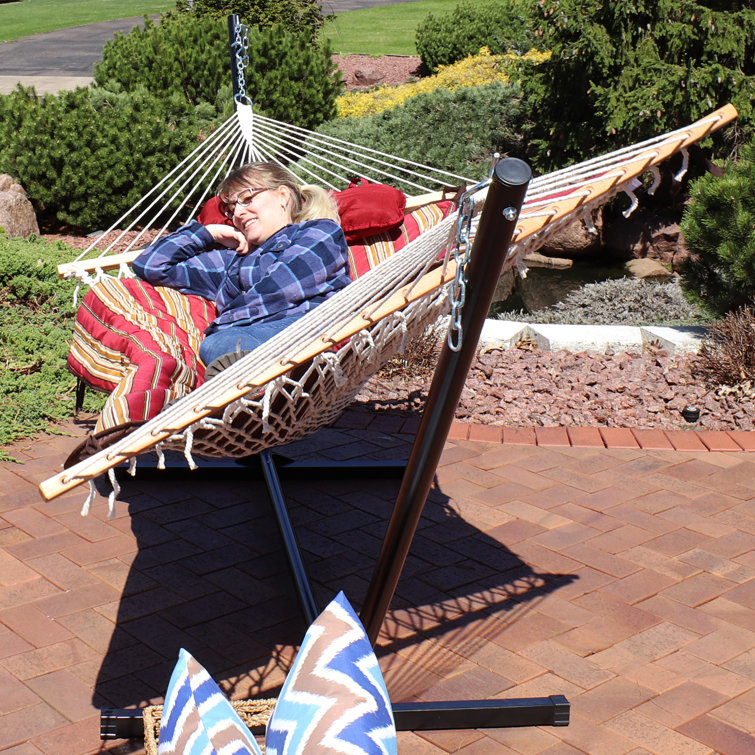 12 ft Red and Brown Striped Rope Hammock with Steel Stand