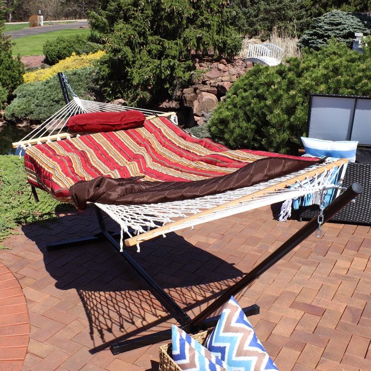 12 ft Red and Brown Striped Rope Hammock with Steel Stand