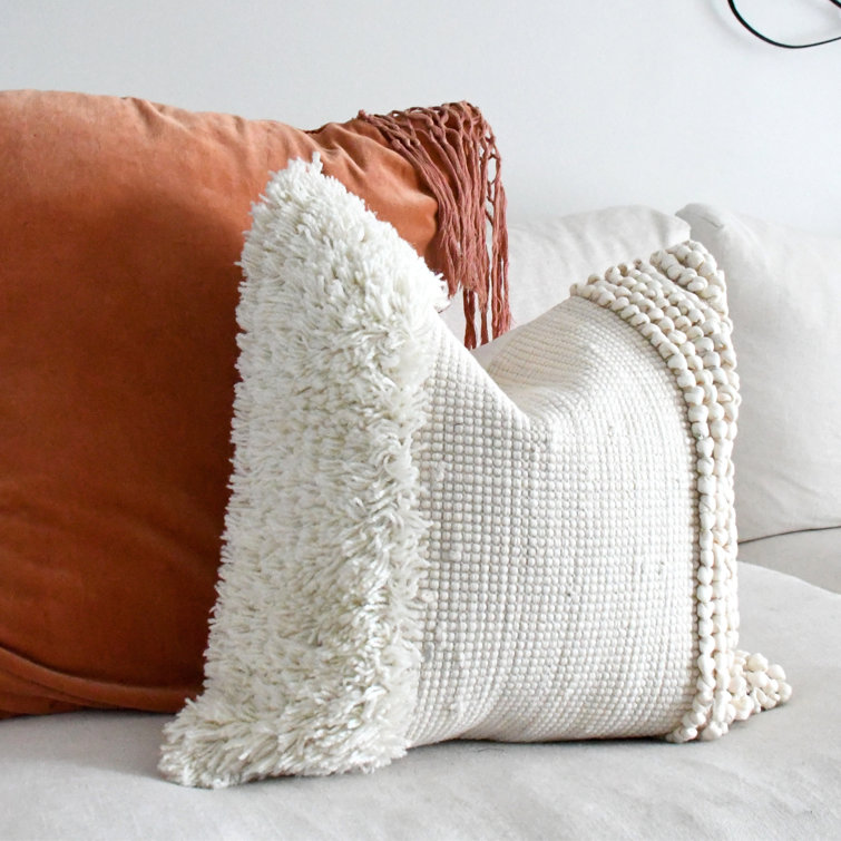 Off-White Cotton Wool Textured Boho Throw Pillow