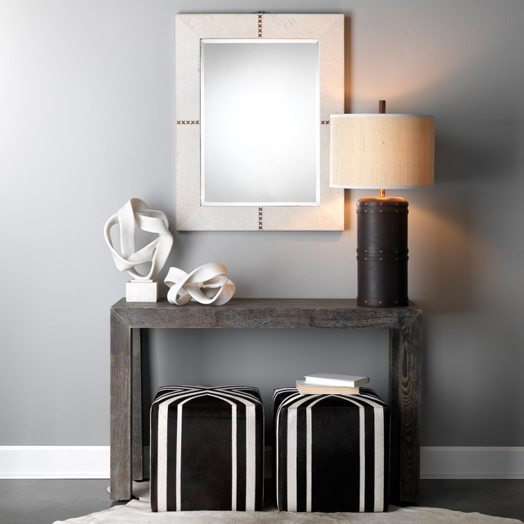 White Leather Rectangular Accent Mirror with Stitching