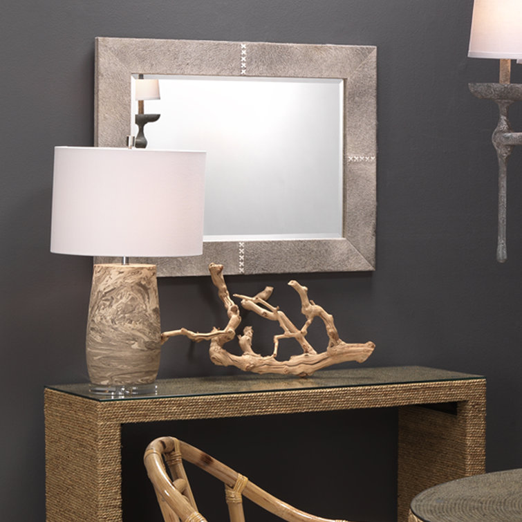 Gray Leather Rectangular Wall Mirror with Stitch Detail