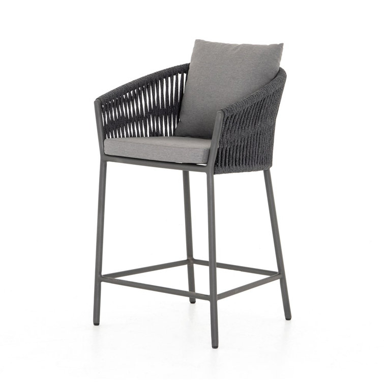 Gray Rope Woven Outdoor Counter Stool with Cushions