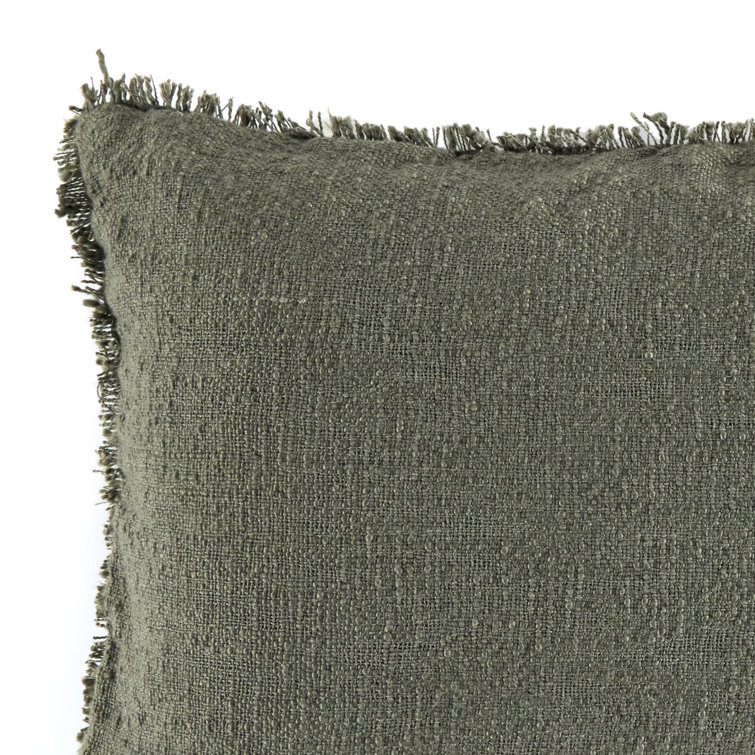 Olive Green Textured Lumbar Pillow with Eyelash Fringe