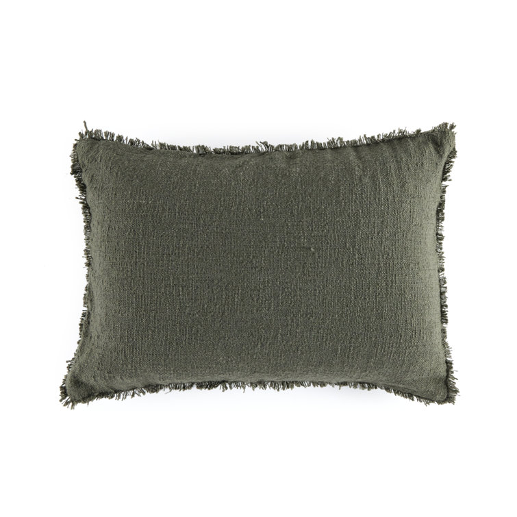 Olive Green Textured Lumbar Pillow with Eyelash Fringe