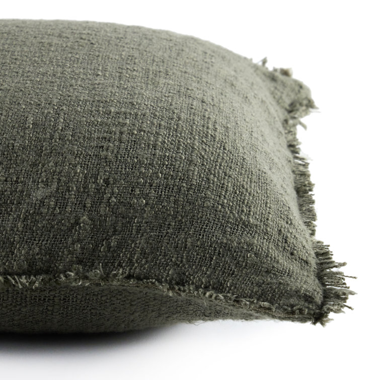 Olive Green Textured Lumbar Pillow with Eyelash Fringe