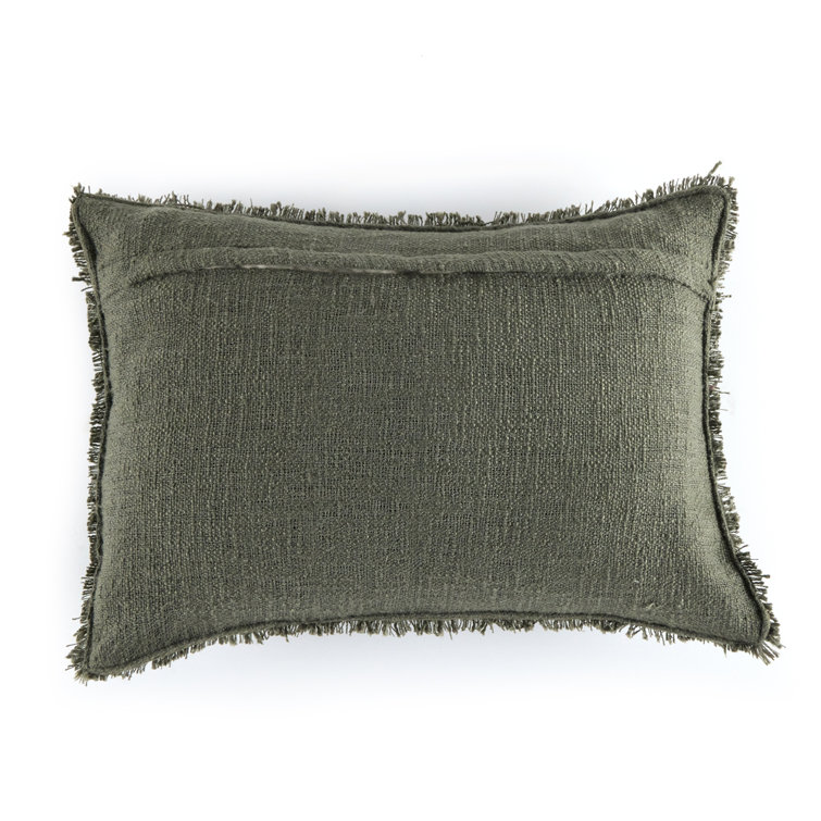 Olive Green Textured Lumbar Pillow with Eyelash Fringe