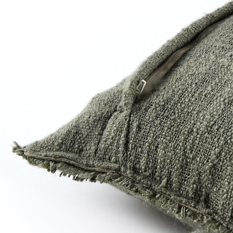 Olive Green Textured Lumbar Pillow with Eyelash Fringe