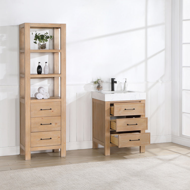 Leon 24" Fir Wood Brown Bathroom Vanity with White Composite Top