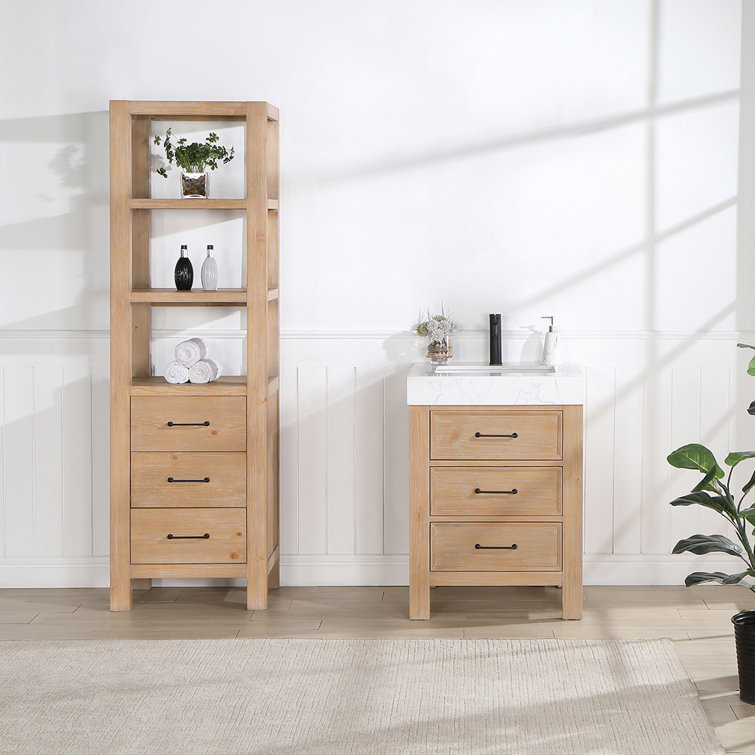 Leon 24" Fir Wood Brown Bathroom Vanity with White Composite Top