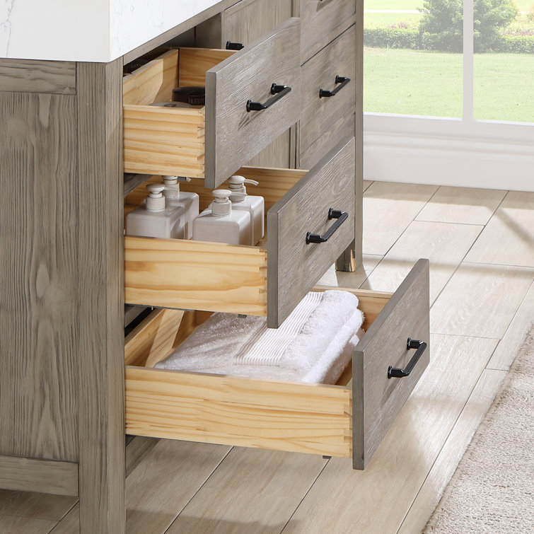 Leon 60" Fir Wood Brown Bathroom Vanity with White Composite Top
