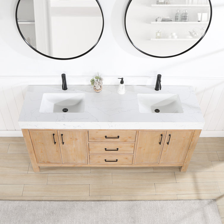 Leon 72" Fir Wood Brown Double Vanity with White Composite Top and Mirrors