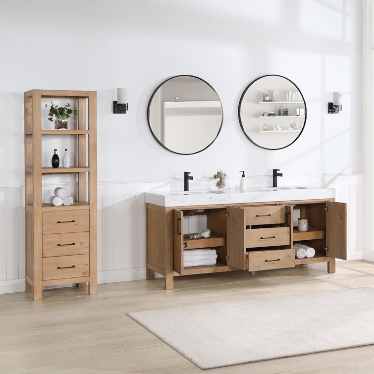 Leon 72" Fir Wood Brown Double Vanity with White Composite Top and Mirrors
