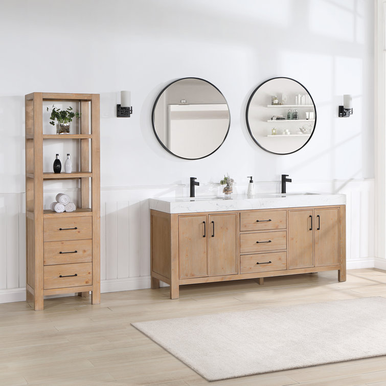Leon 72" Fir Wood Brown Double Vanity with White Composite Top and Mirrors