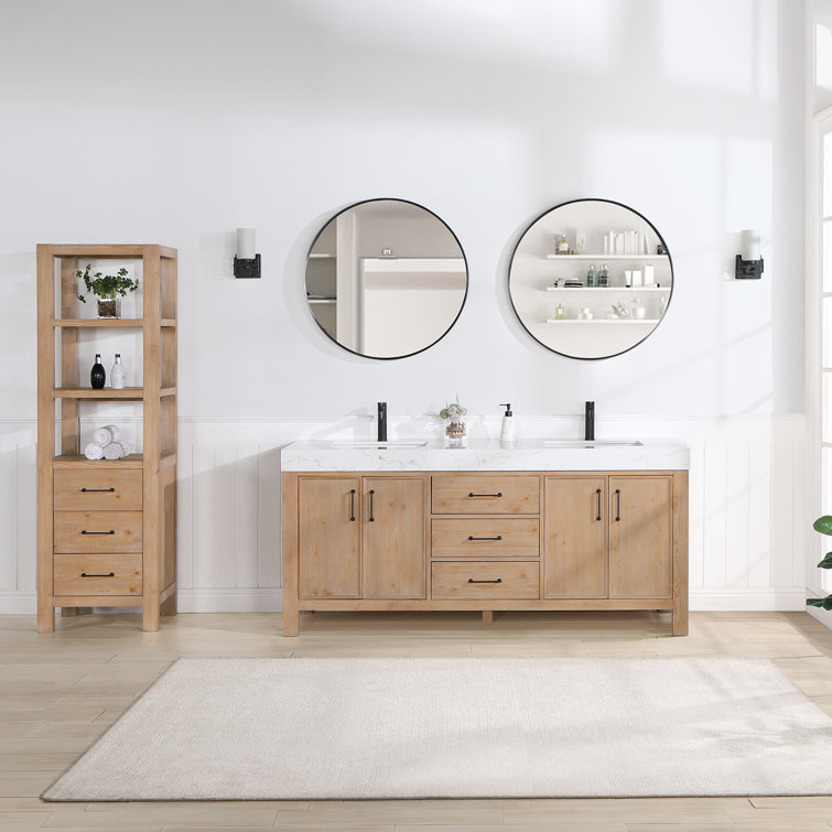 Leon 72" Fir Wood Brown Double Vanity with White Composite Top and Mirrors