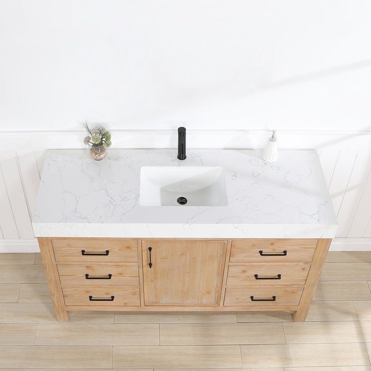 Leon 60" Fir Wood Brown Bathroom Vanity with White Composite Top